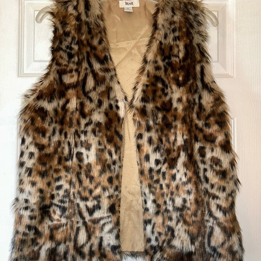 Faux Fur Vest leopard brown tan size M - Picture 3 of 10